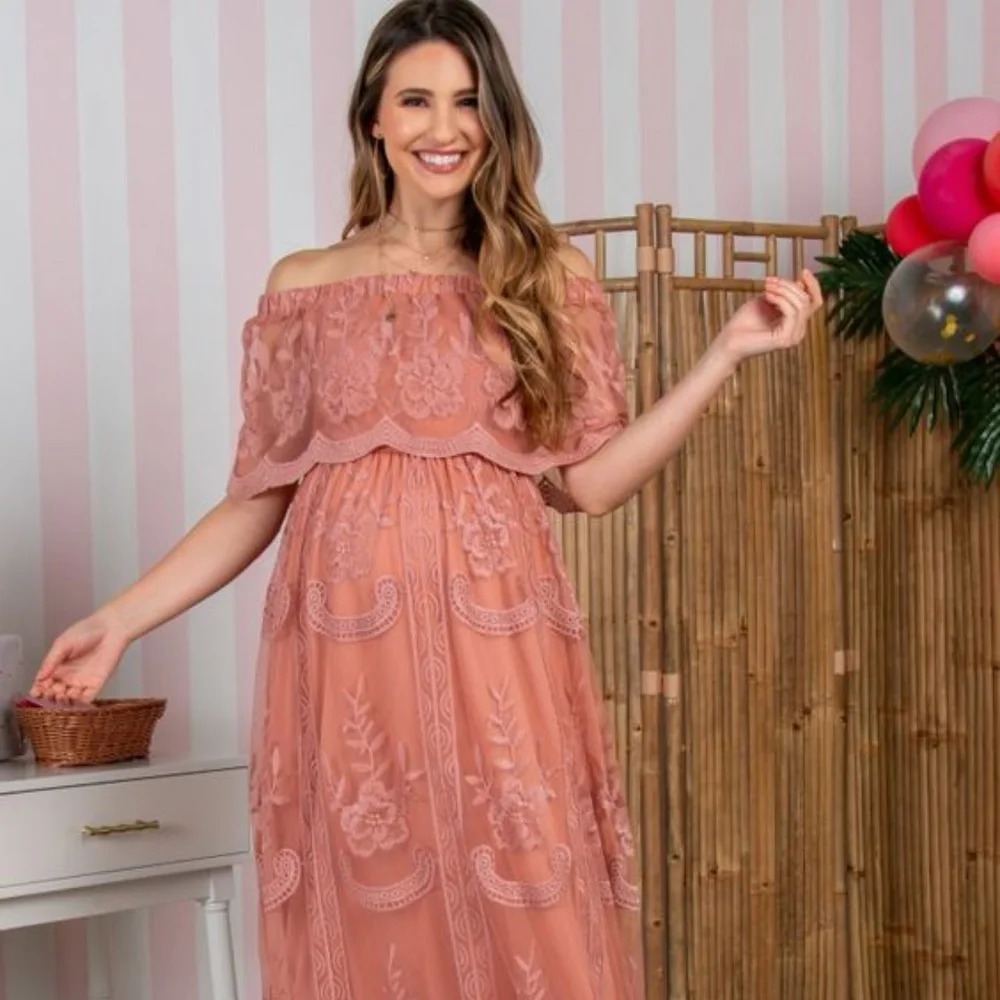 New* Pinkblush off shoulder lace mesh overlay maxi